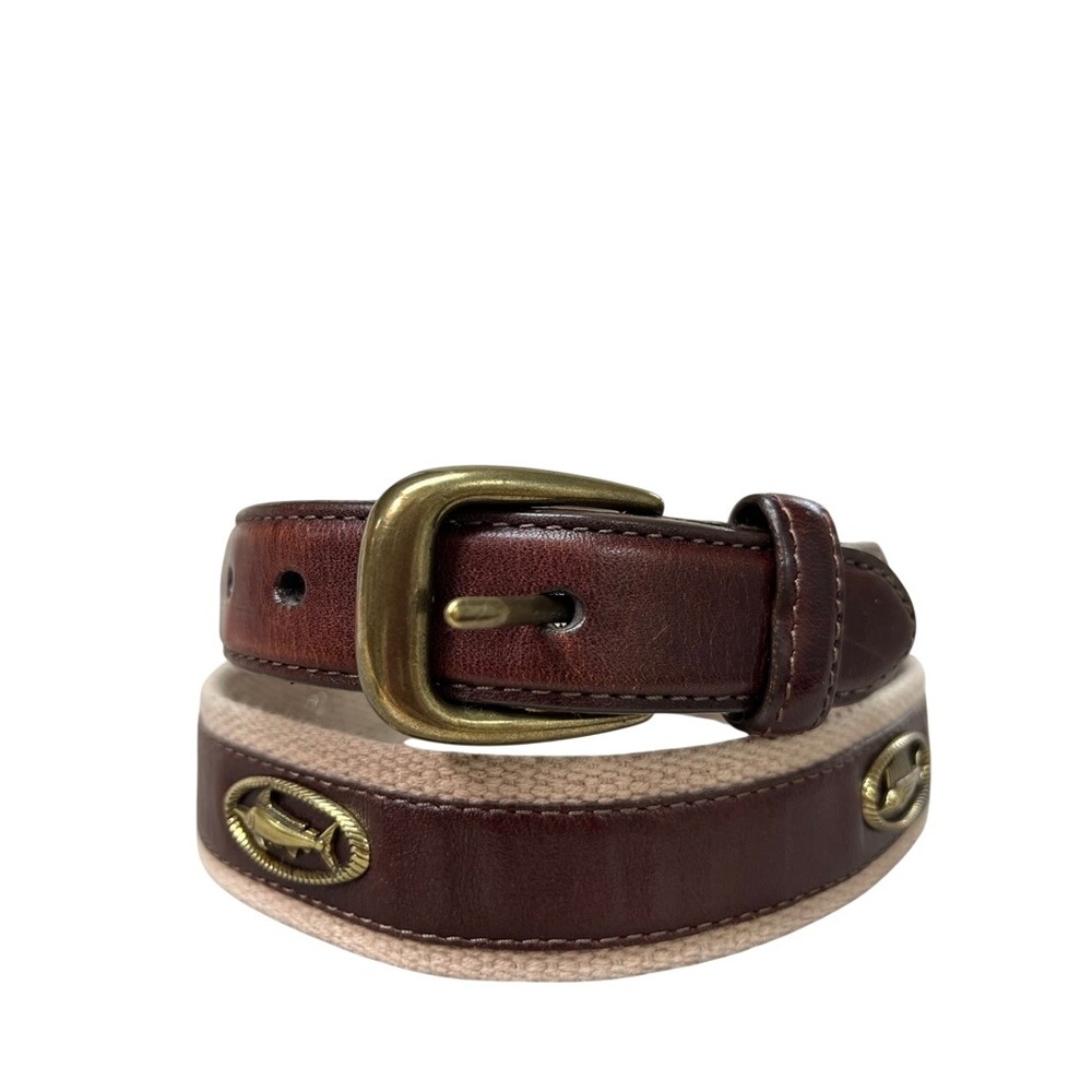 Southern Tide Mens Canvas Leather Skipjack Fish Belt Brown Tan Brass Buckle 36